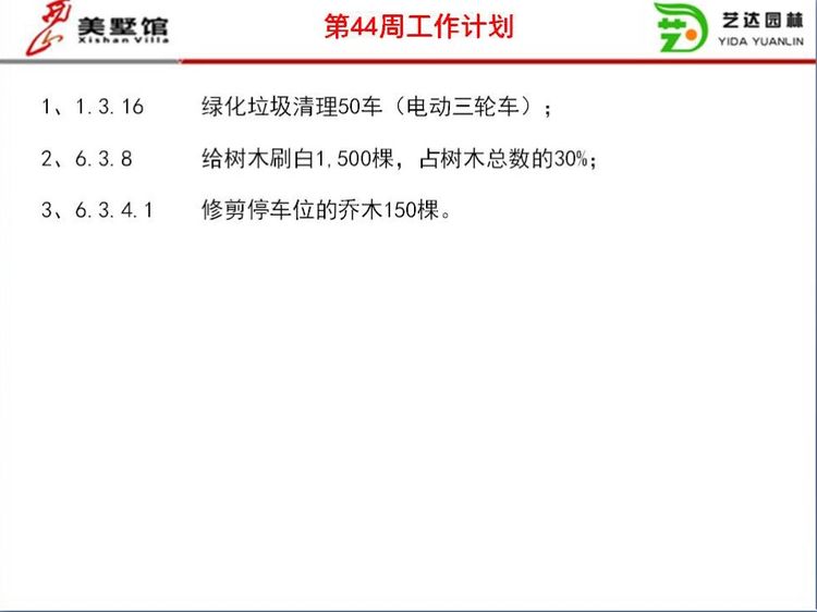 西山美墅馆物业服务中心第43周工作总结第44周工作计划