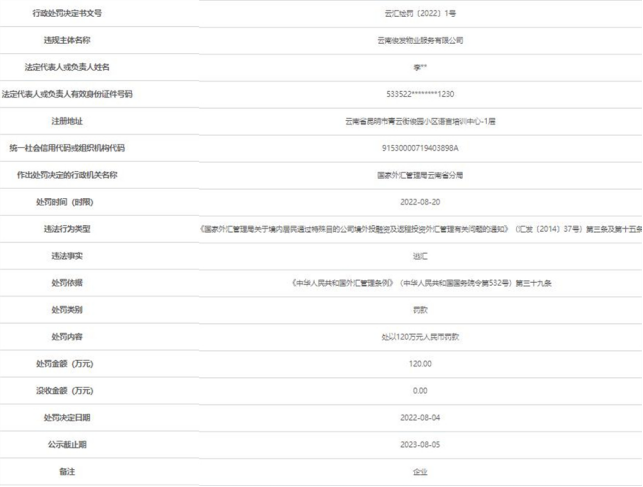 云南俊发物业违法逃汇被罚120万元